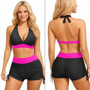 Medium 2-Piece Swimsuit Set w/ High-Waisted Boyshorts  Black Pink Trim NWT